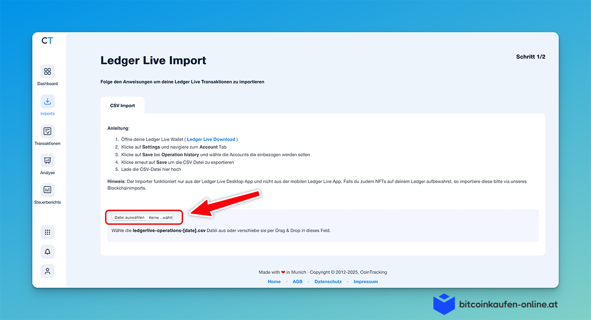Ledger Wallet Import Anleitungsseite in CoinTracking, mit einem roten Pfeil, der auf die Schaltfläche "Datei auswählen - .csv Datei" für den Import von Daten aus Ledger Wallet zeigt.