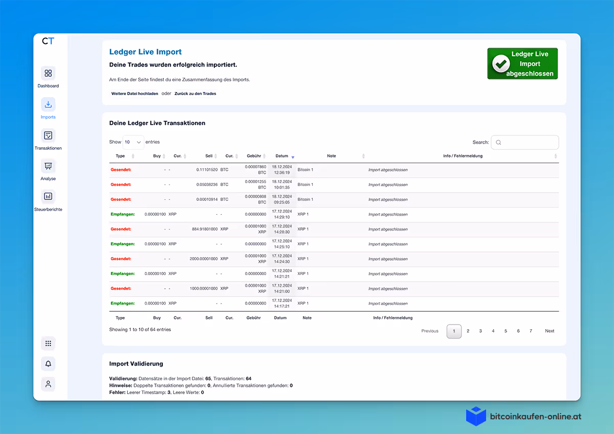 CoinTracking Ledger Wallet-Import-Zusammenfassung, die Kryptowährungstransaktionen, deren Status, Daten und Beträge anzeigt, mit einem Abschnitt zur Importvalidierung am unteren Rand.