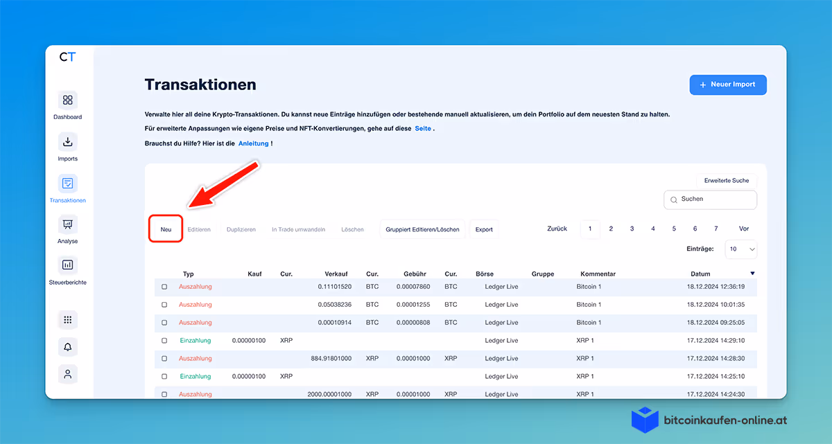 CoinTracking-Oberfläche zur Verwaltung von Kryptowährungstransaktionen mit Hervorhebung der Schaltfläche "Neu" auf der Registerkarte "Transaktionen".