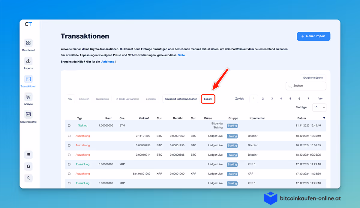 Transaktionsseite von CoinTracking mit einem Pfeil, der auf die Schaltfläche "Export" zeigt.