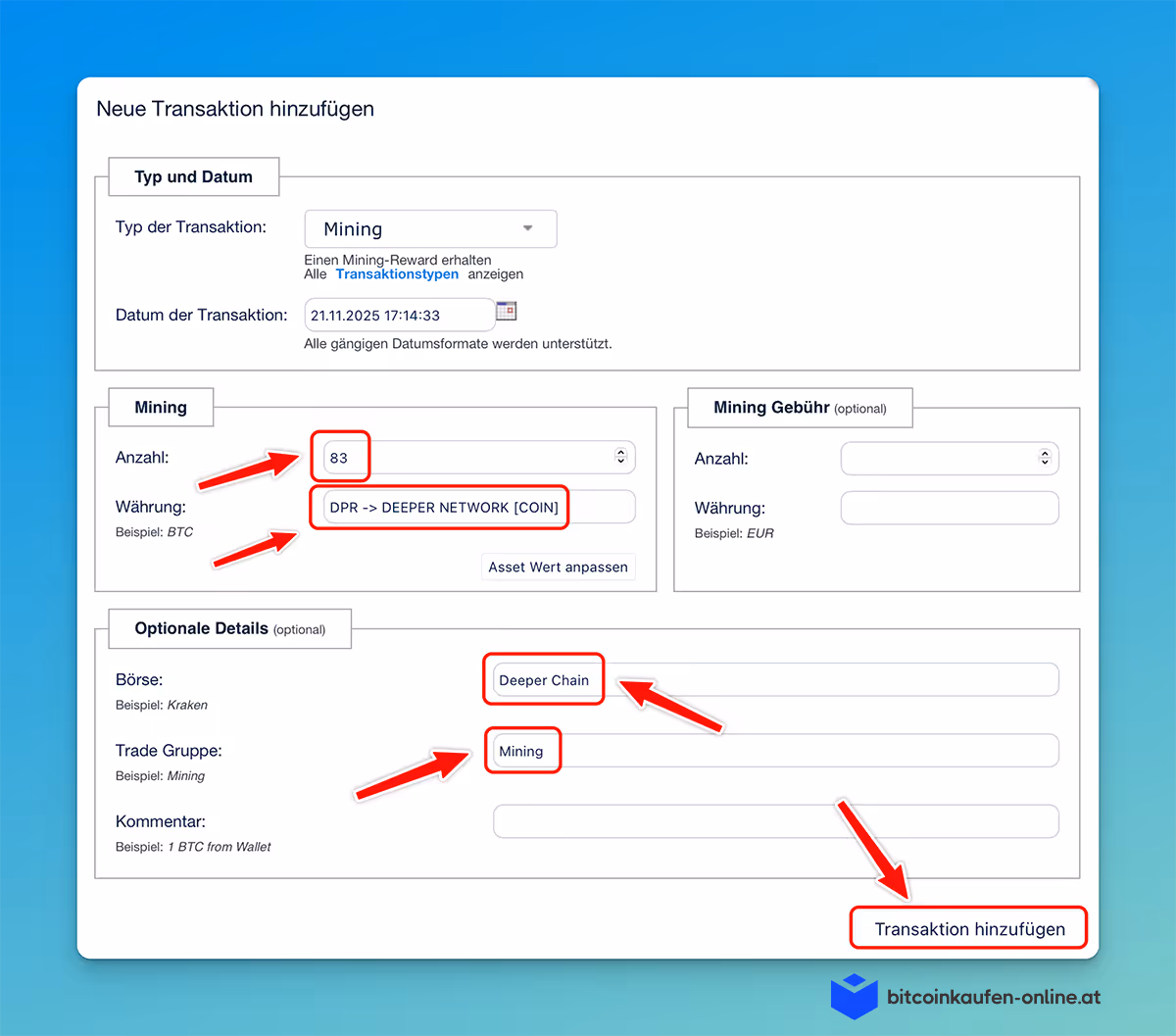 CoinTracking- Transaktionseingabeformular für das Mining, mit Eingabefeldern für Betrag, Währung (DPR ->; DEEPER NETWORK [COIN]), Tags und einer Schaltfläche "Transaktion hinzufügen“.