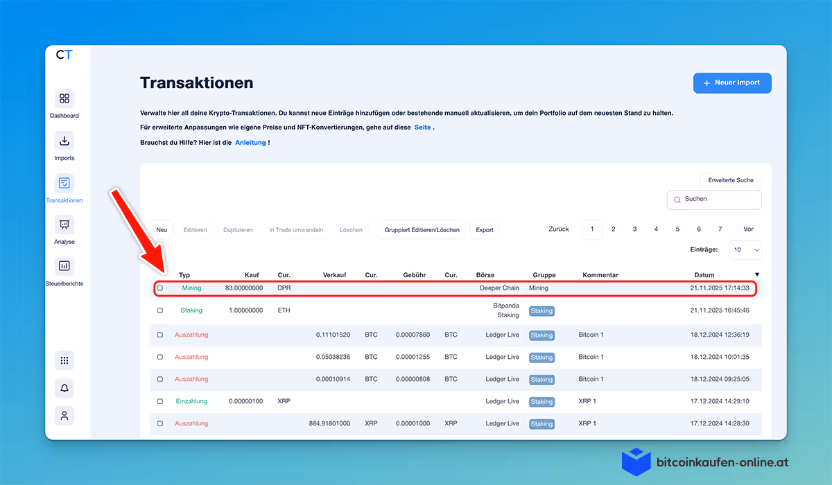 CoinTracking-Transaktionshistorienseite, die einen Mining-Eintrag für DPR mit Details wie Datum, Betrag und Transaktionsart unter Mining Rewards zeigt.