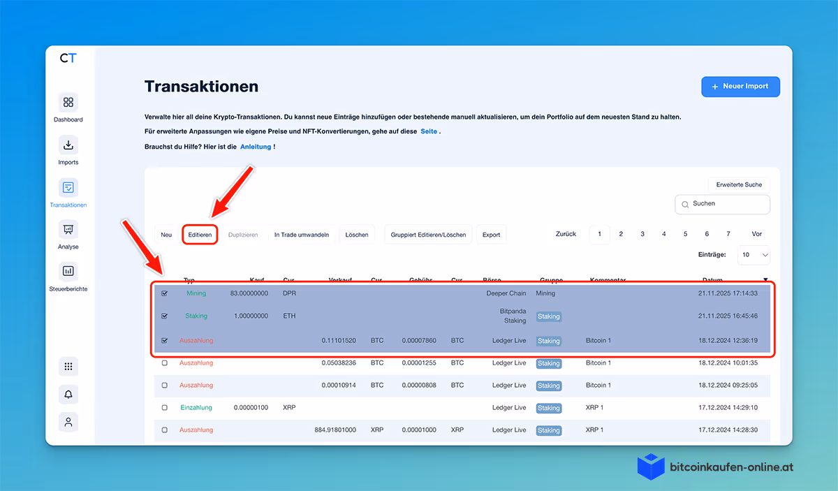 CoinTracking-Dashboard für Kryptowährungstransaktionen zeigt verschiedene Transaktionen an, wobei rote Pfeile „Editieren“ und Transaktionstypen wie "Mining Rewards" und "Staking" in der Liste markieren.