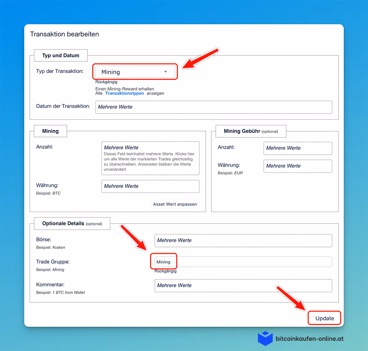CoinTracking-Transaktionsbearbeitungsformular mit Feldern für Mining-Details, Gebühren, Mining Rewards, optionale Details und Kommentare. Rote Pfeile markieren das Dropdown-Menü "Mining", Textfelder und die Schaltfläche „Update“.