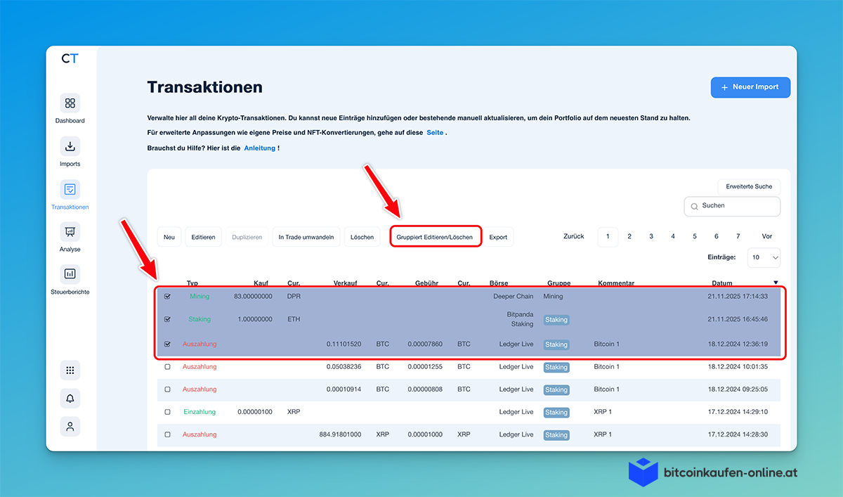 CoinTracking-Überblick für den Verlauf von Kryptowährungstransaktionen mit gruppierten Transaktionen nach Ereignistyp, mit Pfeilen, die Filteroptionen und Details wie Mining Rewards hervorheben.
