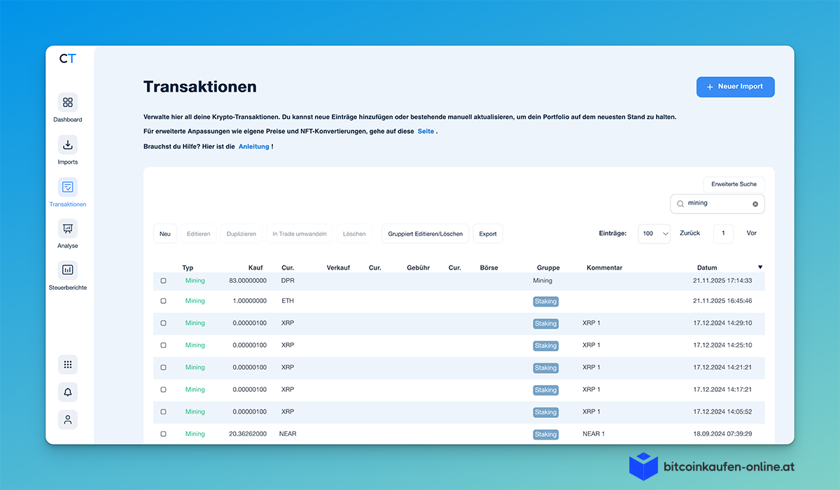 CoinTracking Transaktionsübersicht mit auf Mining geänderten Trade-Typen