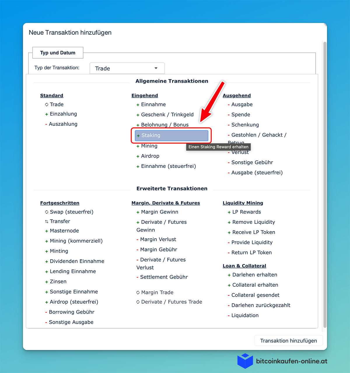 Staking als Transaktionstyp in CoinTracking auswählen