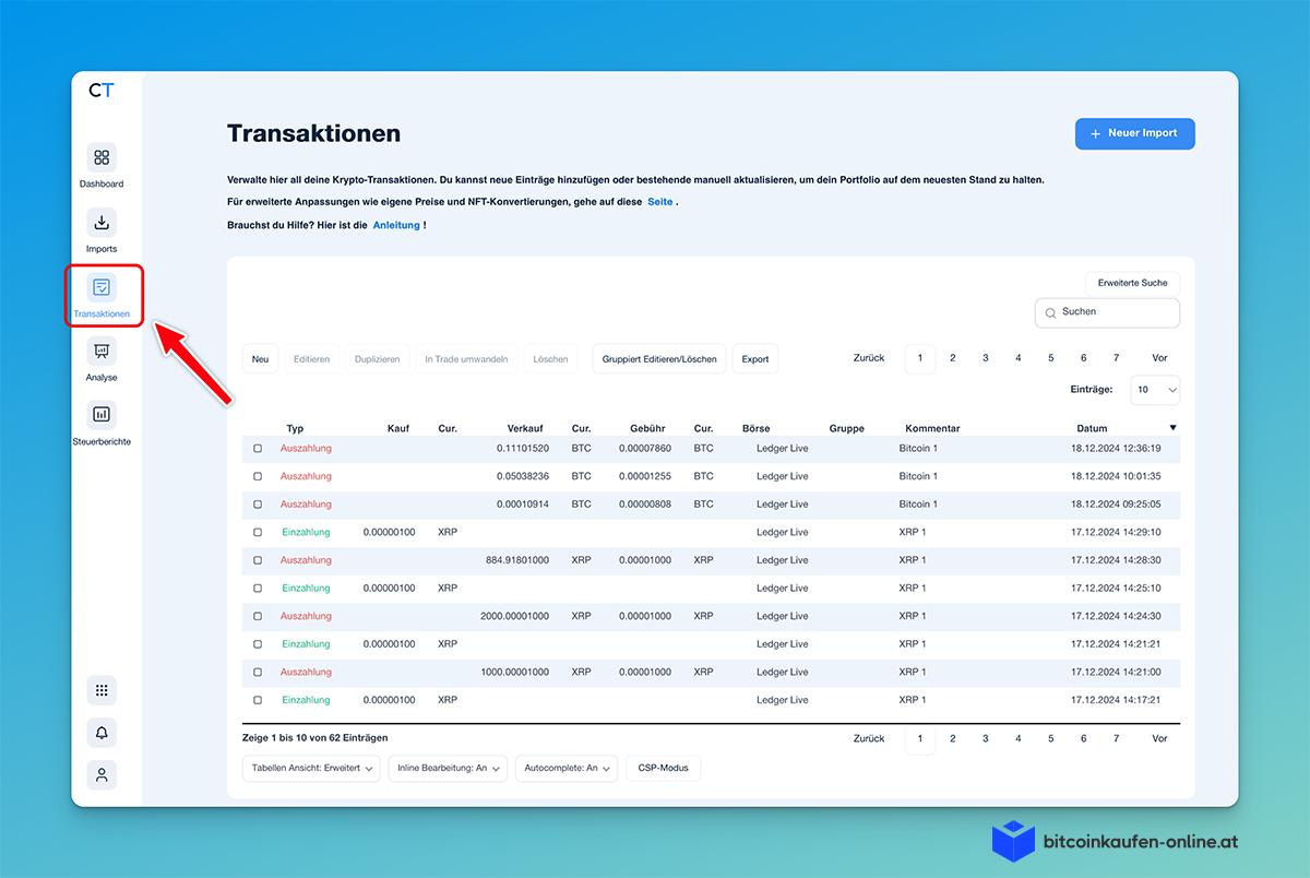 CoinTracking Transaktionen öffnen für Staking Rewards