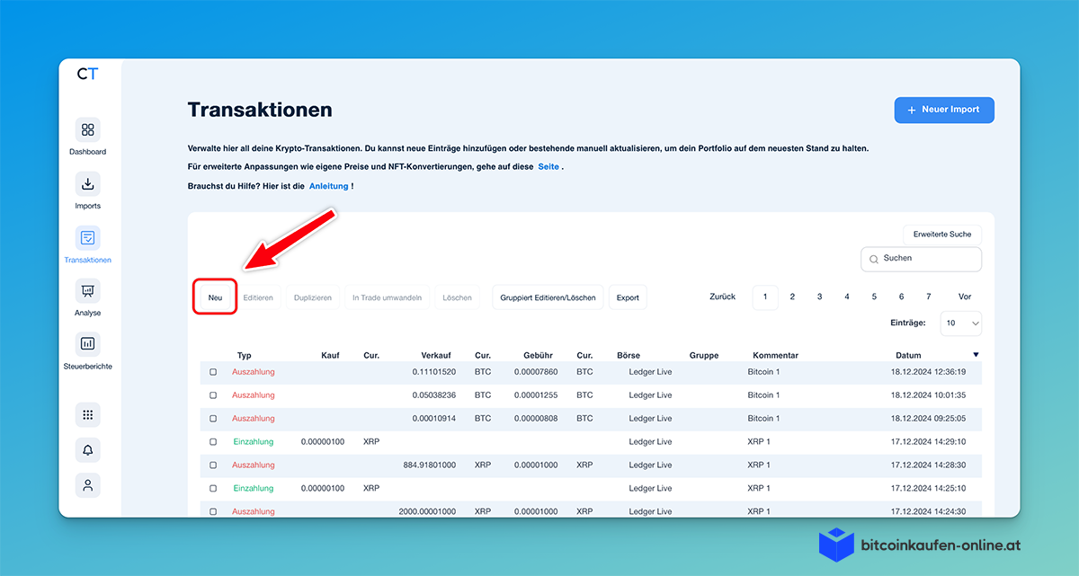 Neue Transaktion in CoinTracking anlegen