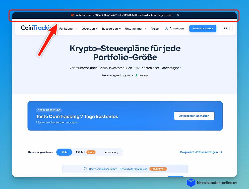 CoinTracking Preisseite nach Klick auf den Partnerlink: Willkommensmeldung, dass der 10% Rabatt an der Kasse angemeldet ist