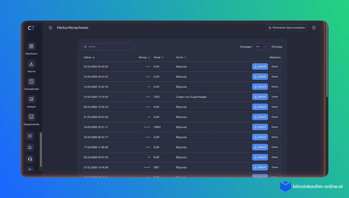 CoinTracking Herkunftsnachweis mit einer Liste von Auszahlungen nach Datum, Asset und Konto und je einem Button für Bericht und Daten