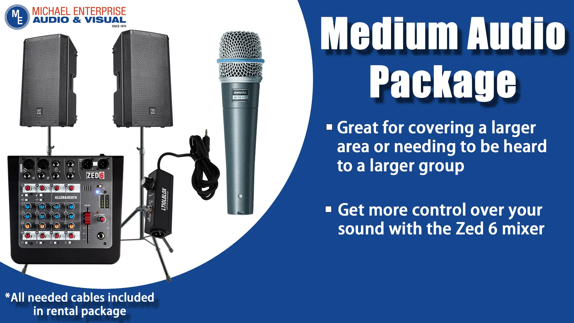 Photo of the contents of the Medium Audio Package, 2 EV ZLX-12BT Powered Speakers, 2 speaker stands, 1 Allen & Heath Zed 10 Mixer and 1 Shure Beta 57A wired microphone