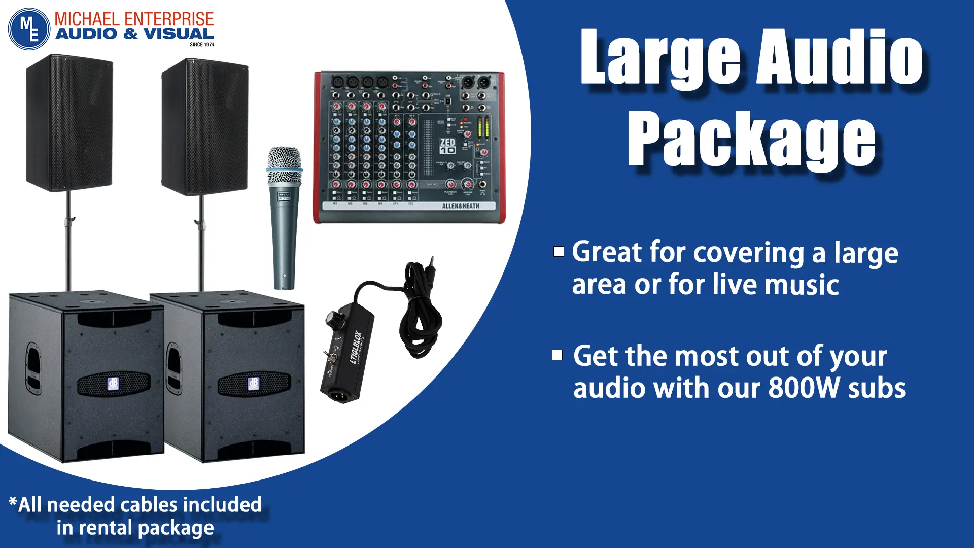 Photo of the contents of the Large Audio Package, 2 DB Technologies Opera 15 Powered Speakers, 1 DB Technologies Sub 15D Subwoofer, 2 Speaker Stands, 1 Rolls RM82 8-Channel Mixer, 1 Shure Beta 57A Wired Microphone.