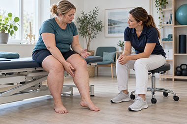 Kvinne i samtale med fysioterapeut om smerter og ubehag i beina.