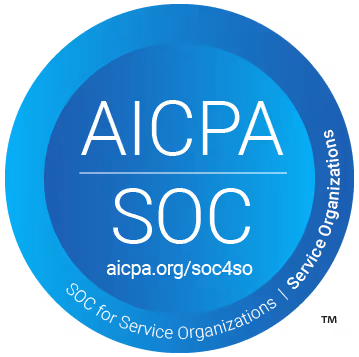Blue circular badge with text 'AICPA SOC' and website 'aicpa.org/soc4so', indicating SOC for Service Organizations certification.