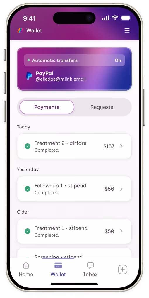 Mobile wallet app screen showing automatic transfers turned on with PayPal linked account, payments list with completed transactions for treatment airfare costing $157 today, follow-up stipend of $50 yesterday, and older treatment stipend of $50, with bottom navigation icons for Home, Wallet, Inbox, and add.