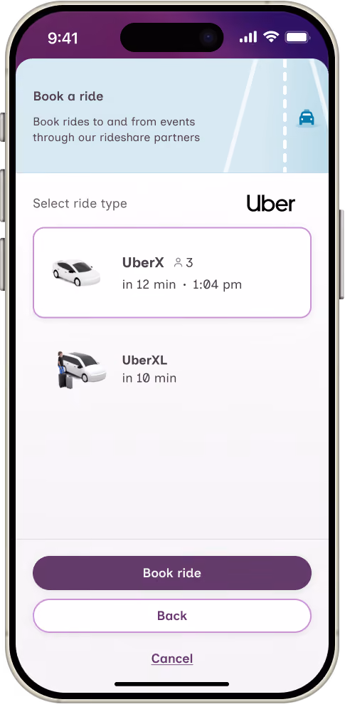 Mobile phone screen showing an Uber ride booking interface with options for UberX and UberXL rides. UberX can pick up 3 passengers in 12 minutes at 1:04 pm, and UberXL in 10 minutes. Buttons labeled Book ride, Back, and Cancel appear at the bottom.