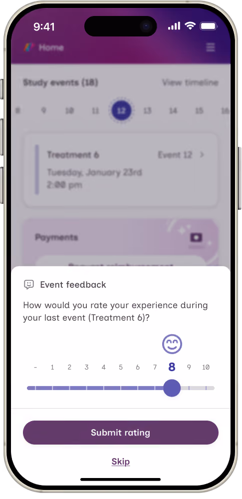Smartphone screen showing a health study event app with an event feedback prompt asking, 'How would you rate your experience during your last event (Treatment 6)?' The user rated 8 out of 10 on a horizontal scale with a smiling face above the number 8. There is a purple 'Submit rating' button and a 'Skip' link below.