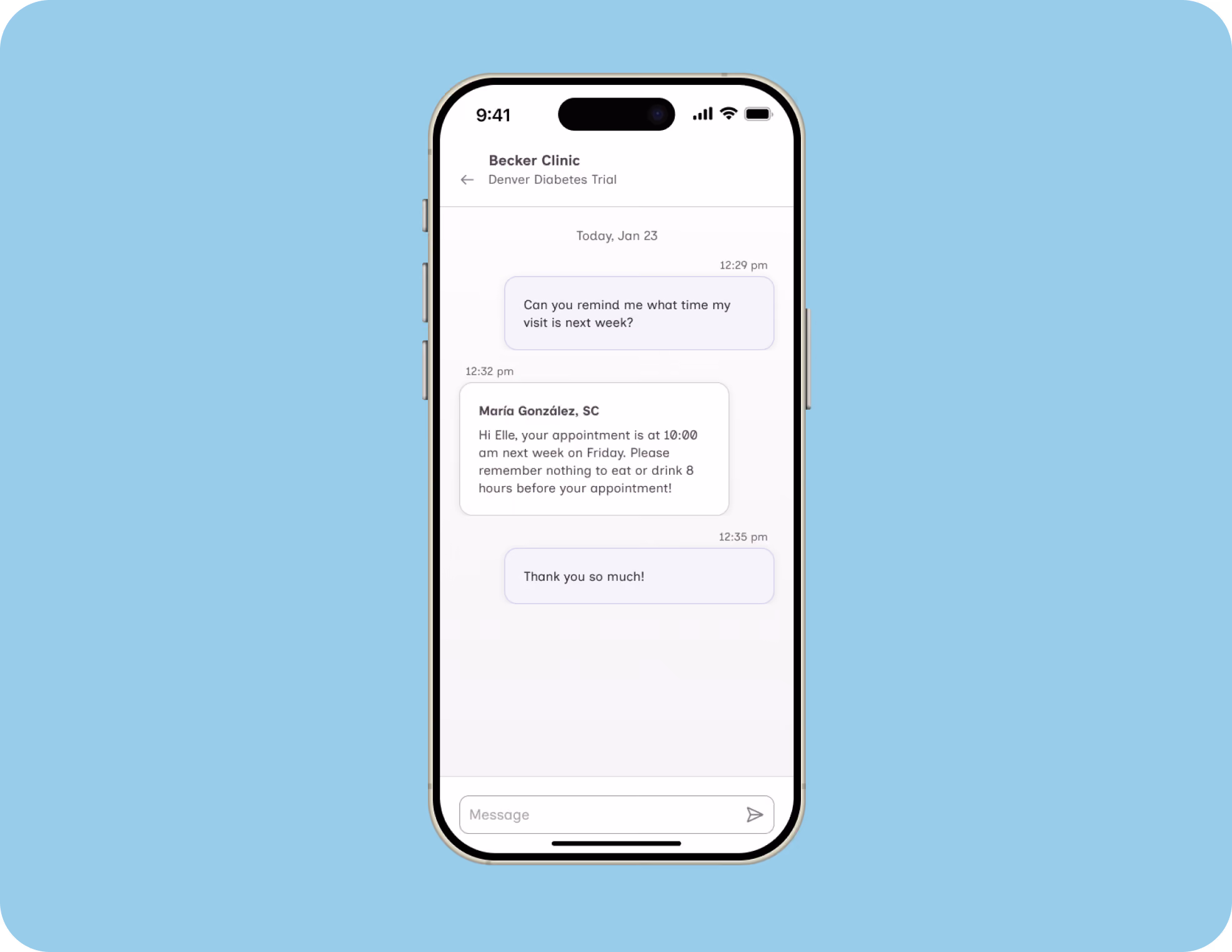 Smartphone screen showing a text message conversation with Becker Clinic about a Denver Diabetes Trial. Patient asks for appointment time next week, clinic replies it's at 10:00 a.m. Friday and reminds to fast 8 hours before. Patient responds with thanks.