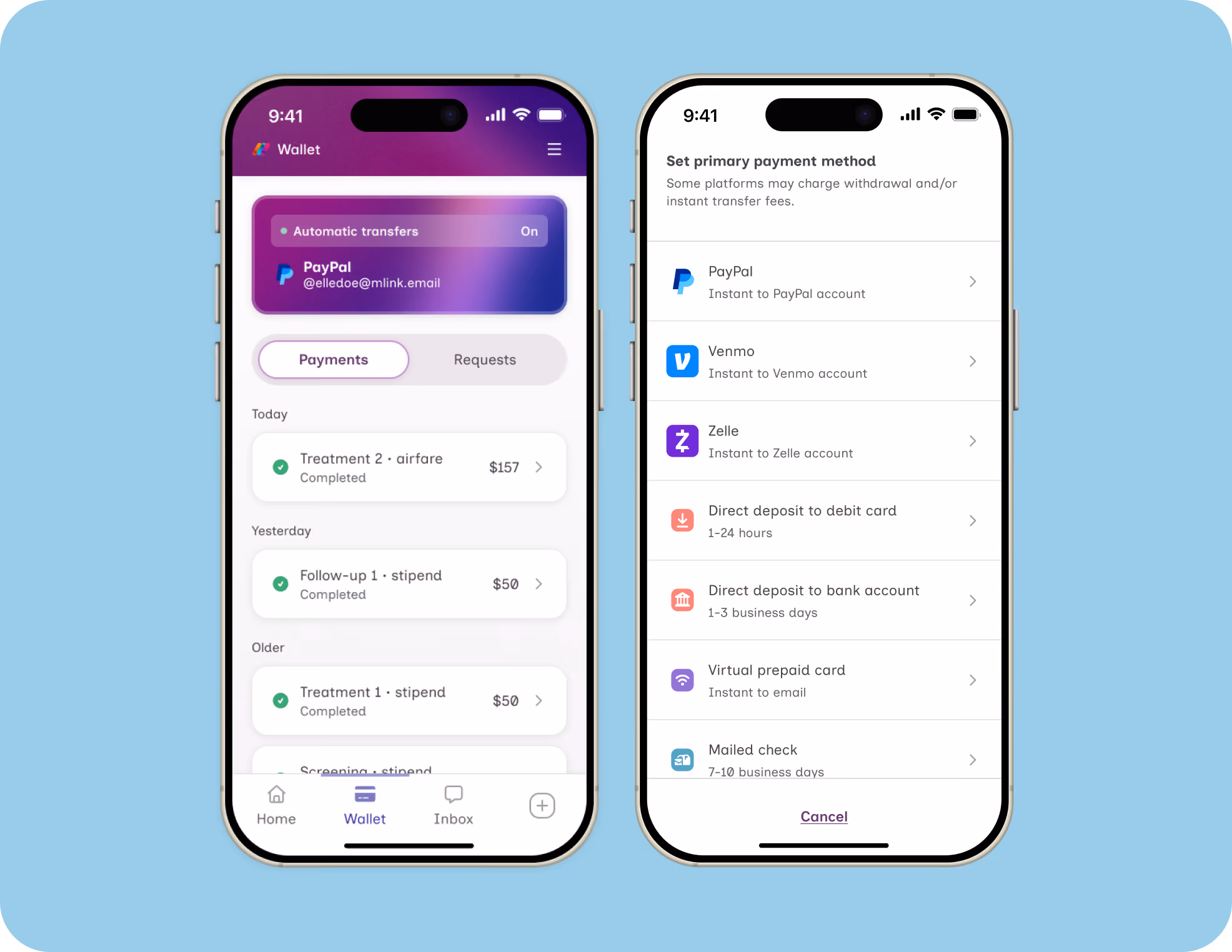 Two smartphone screens displaying a financial management app with a purple-themed wallet interface; the left screen shows recent payments including completed treatments with amounts, and the right screen lists options to set a primary payment method such as PayPal, Venmo, Zelle, direct deposit, virtual prepaid card, and mailed check.