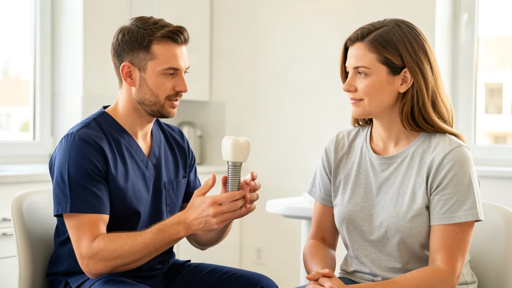 Dentist using an oversized dental implant model during a consultation with an adult patient.