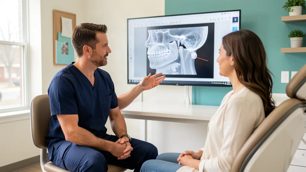 Dentist discussing a side-view digital bite scan with an adult patient in a consultation room.