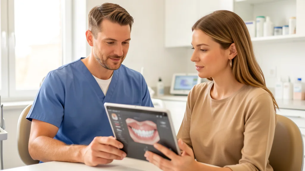 Dentist and adult patient reviewing a digital smile scan together during a cosmetic consultation.