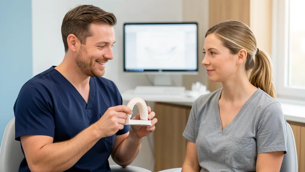 Dentist using a dental arch model while discussing implant treatment with an adult patient.