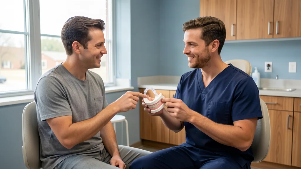 Dentist and adult patient using a dental arch model to discuss how the upper and lower teeth meet.