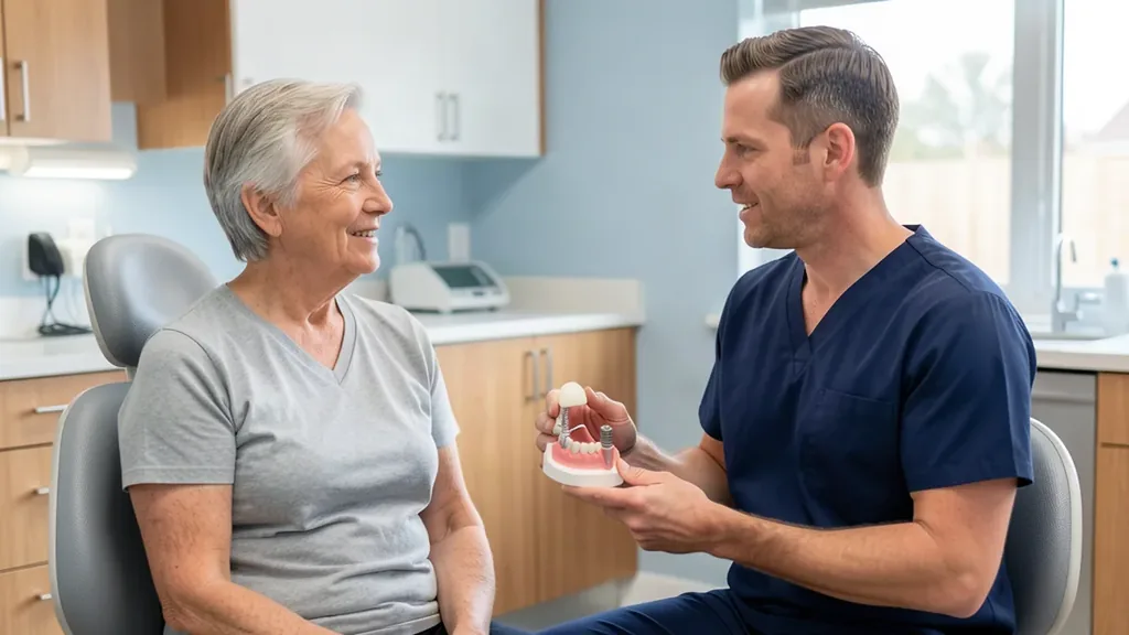 Dentist showing a dental implant model to an older adult patient during a calm consultation.