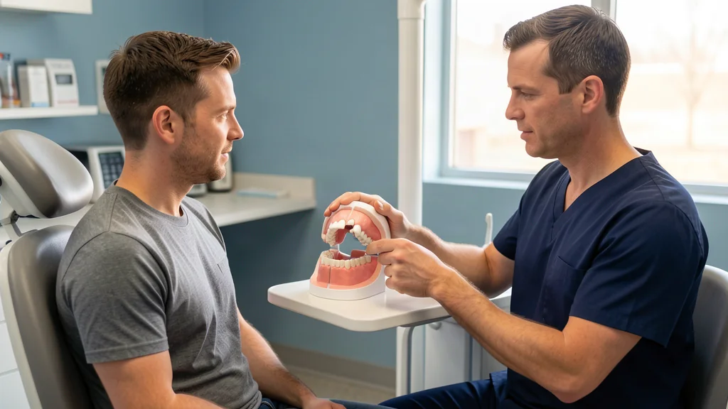 Dentist showing an adult patient a dental model while discussing a gap between the upper front teeth.