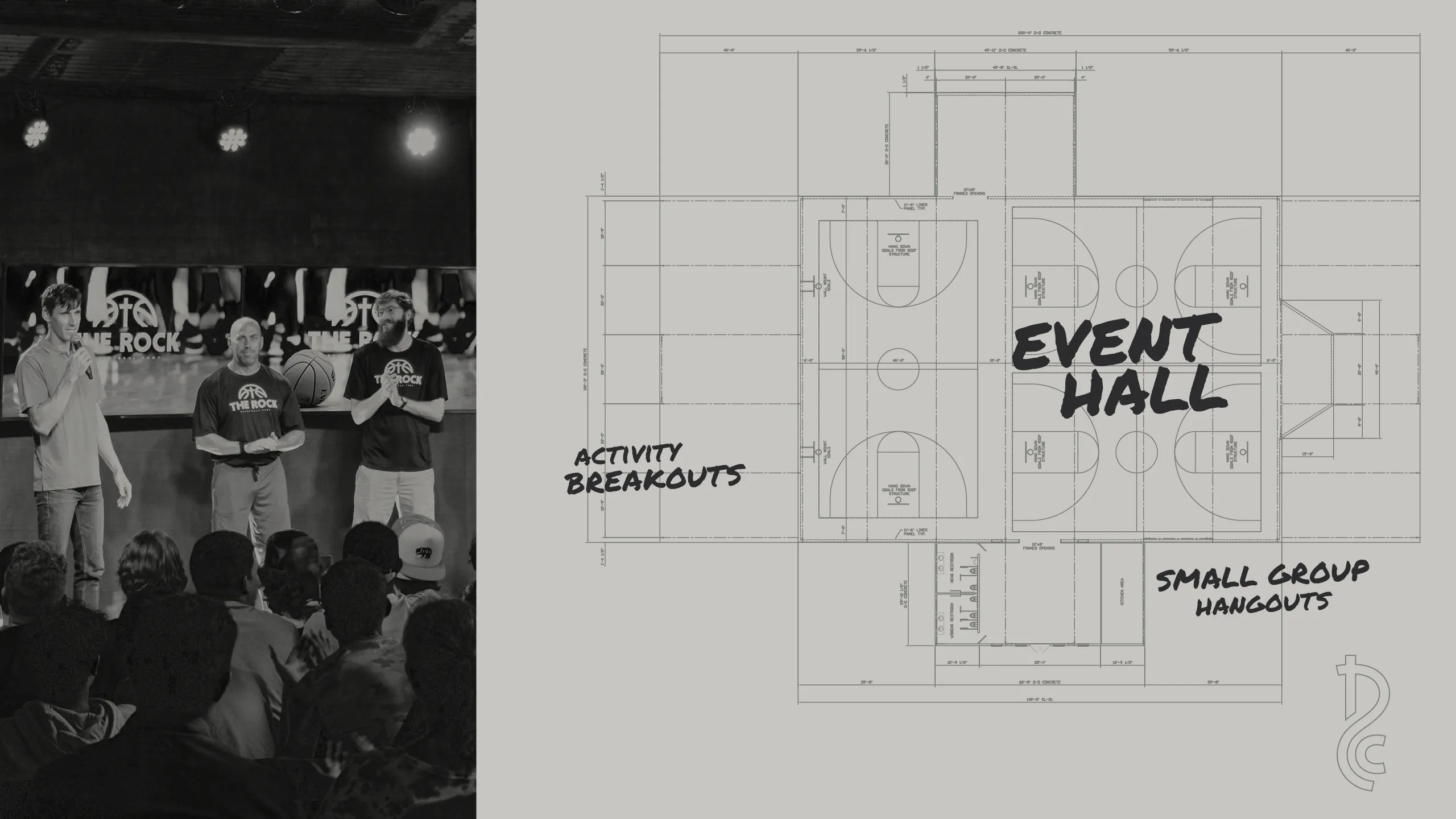 Collage artwork of blueprint renderings and text.