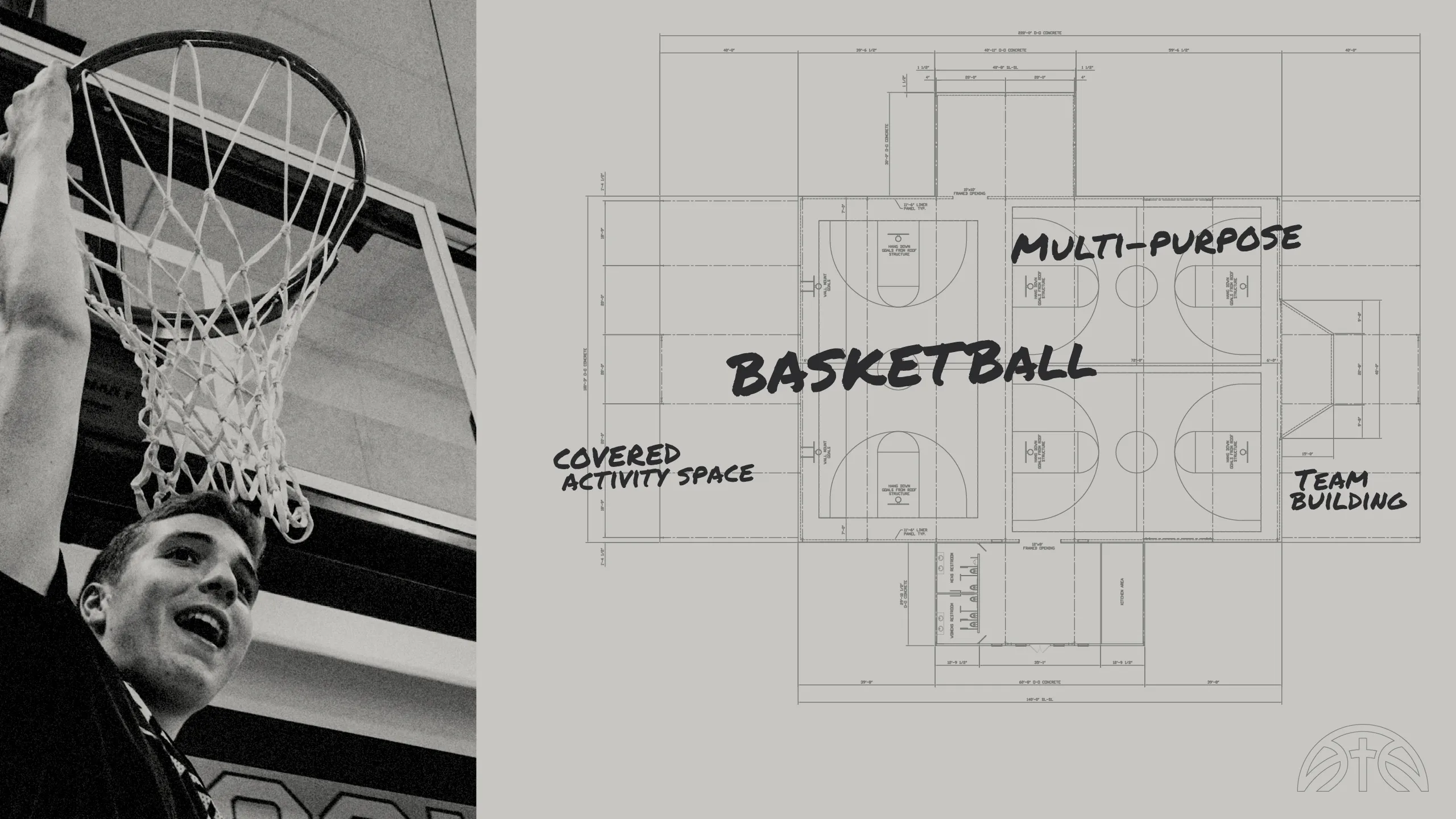 Collage artwork of blueprint renderings and text.