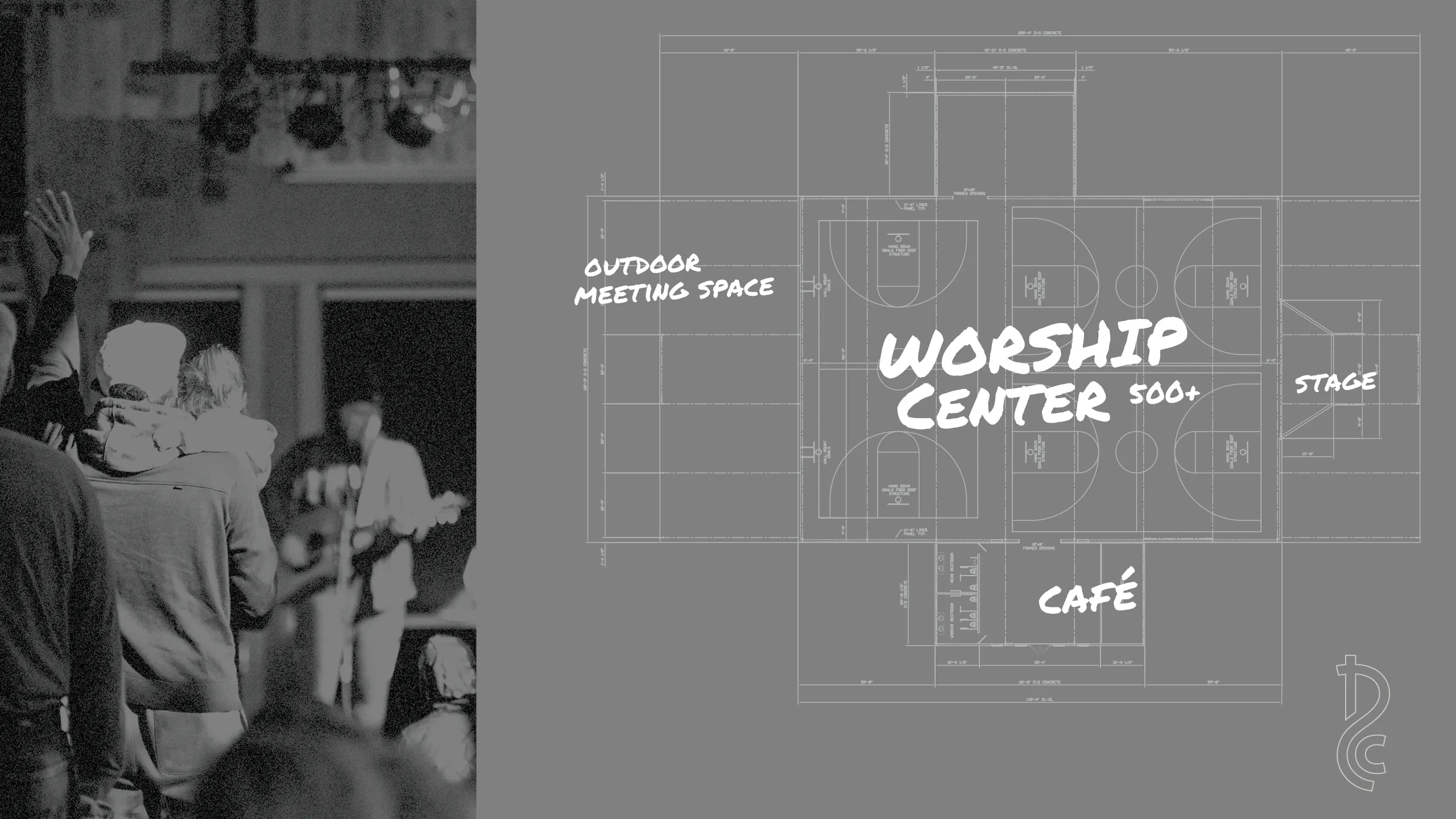 Collage artwork of blueprint renderings and text.