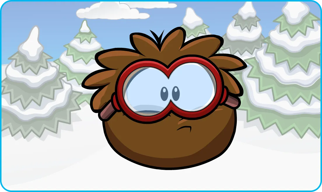 A curious brown puffle in the evergreens background