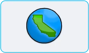 A globe icon with the state of California at the center