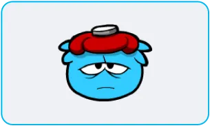 A sick blue Penguin with a bag of ice over their head