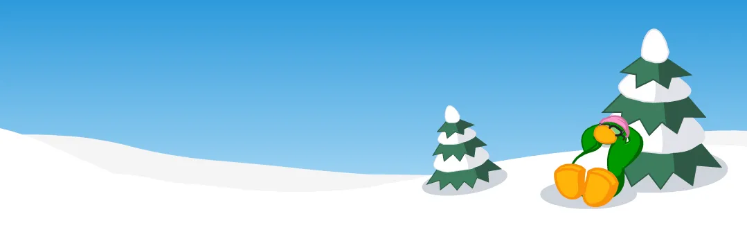 Aunt Arctic, a popular Club Penguin mascot outside in the evergreens