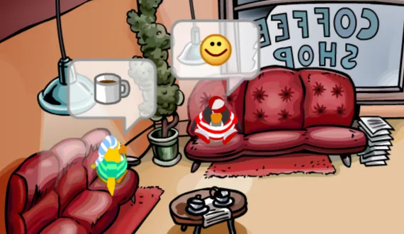Two Penguins hanging out in the Coffee Shop on Club Penguin Legacy