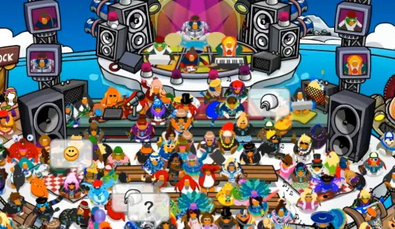 Music Jam 2022, one of Club Penguin Legacy parties. Lots of penguins gathering and having fun