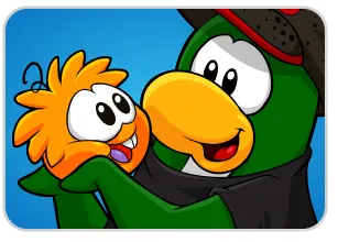 A dark green Penguin holding an orange puffle