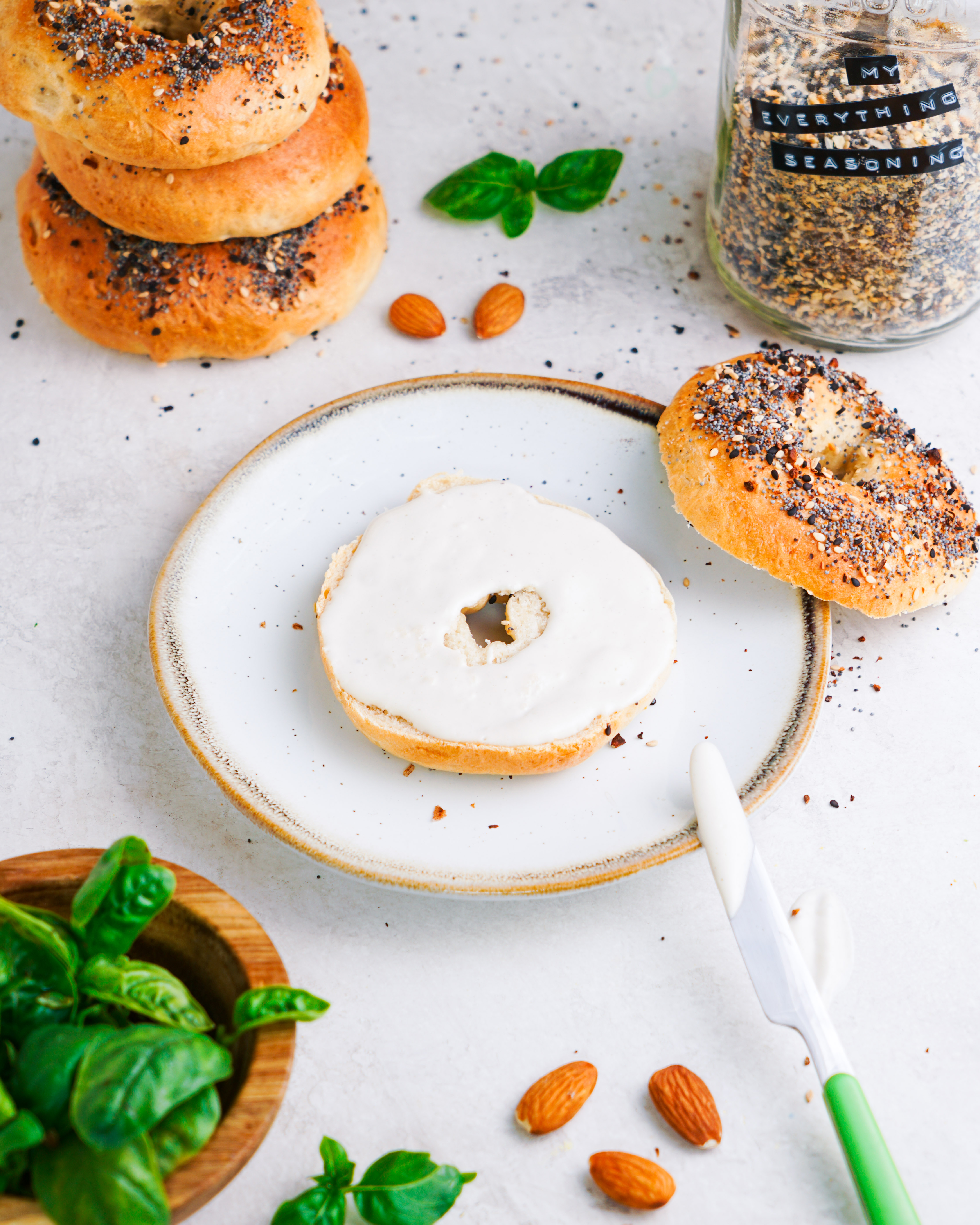 Close-up of freshly baked everything bagel seasoning bagels