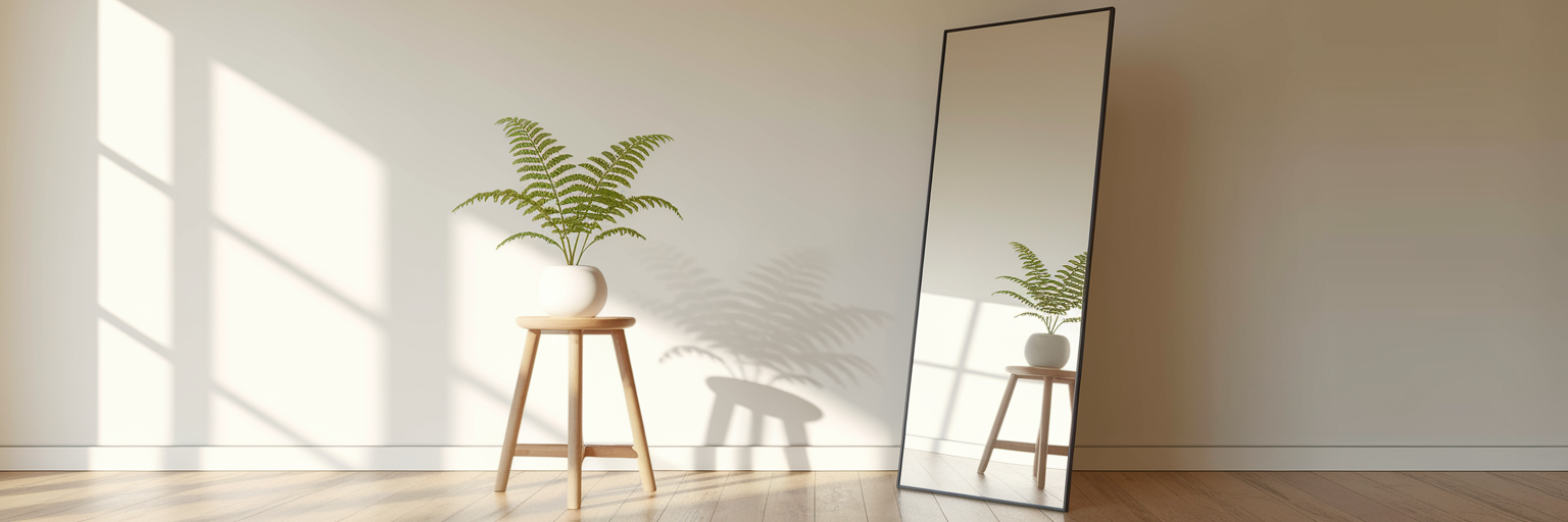 Mirror reflecting light in room corner