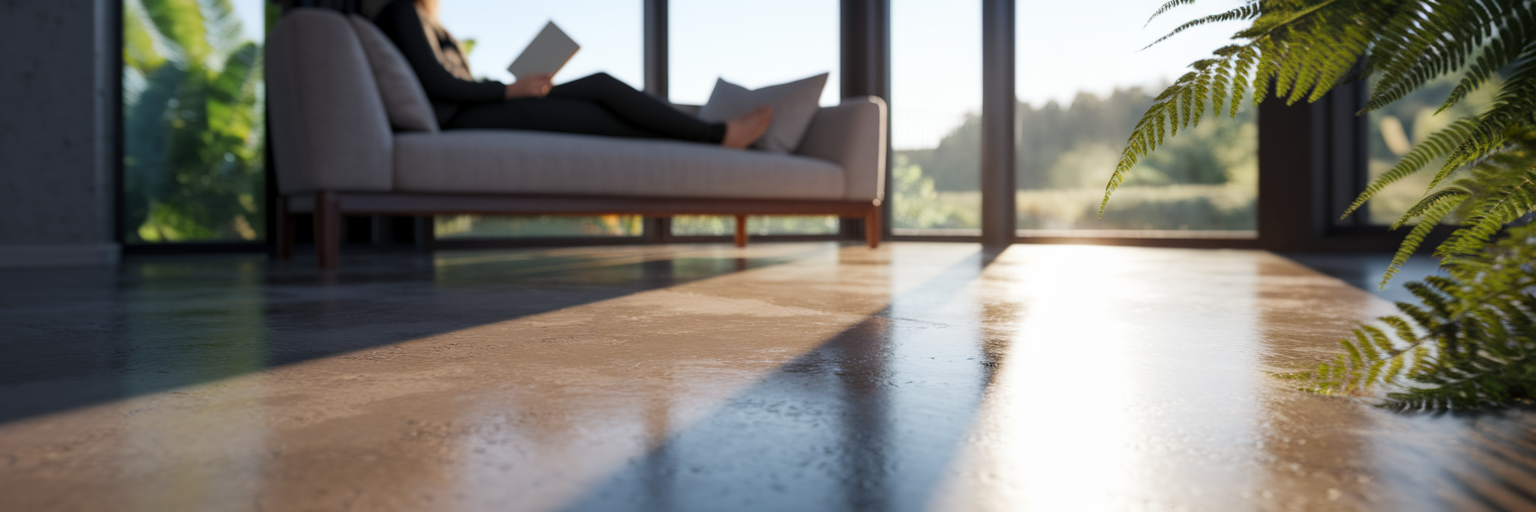 Polished concrete floor absorbing sunlight