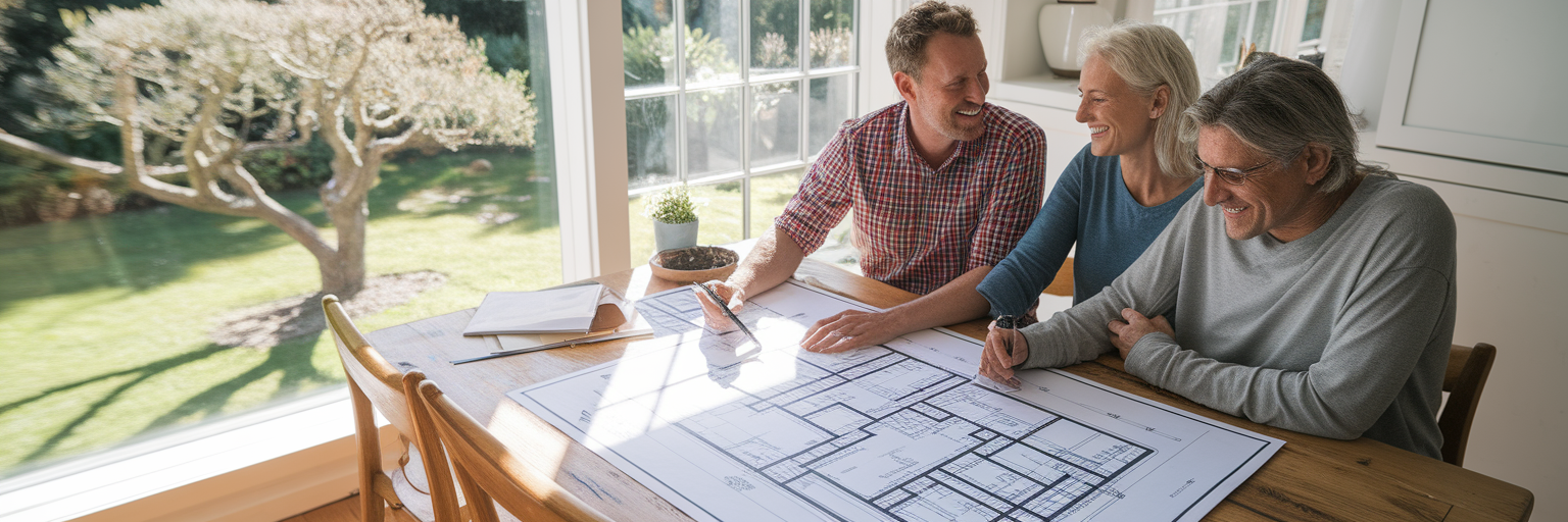 Couple reviewing architectural plans with builder.