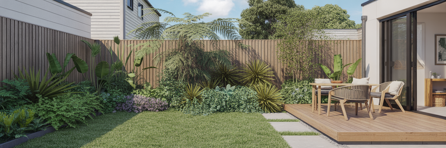 Layered native garden providing backyard privacy.