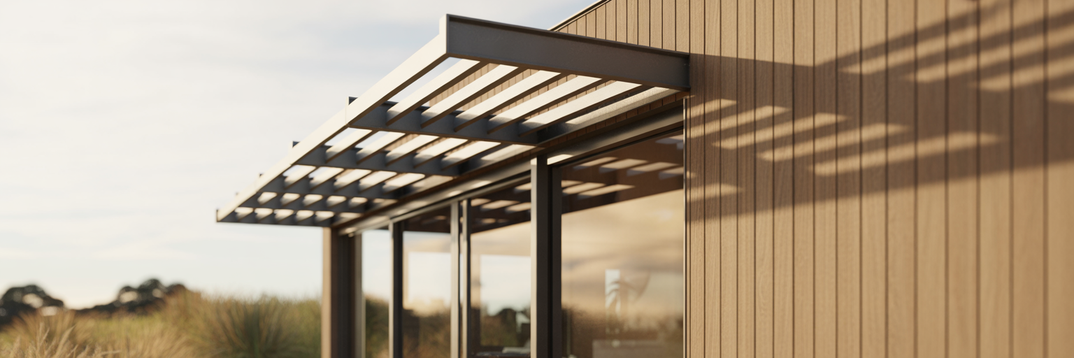 Adjustable timber louvres on modern home.