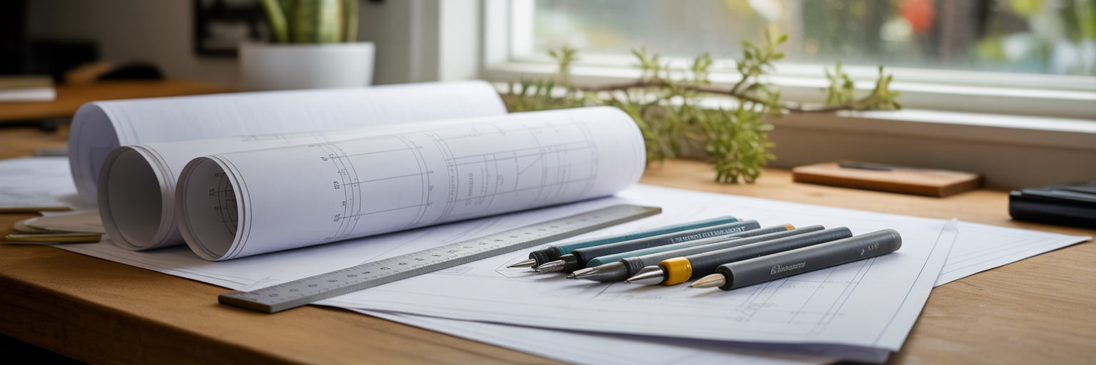 Architectural plans and tools on workbench.