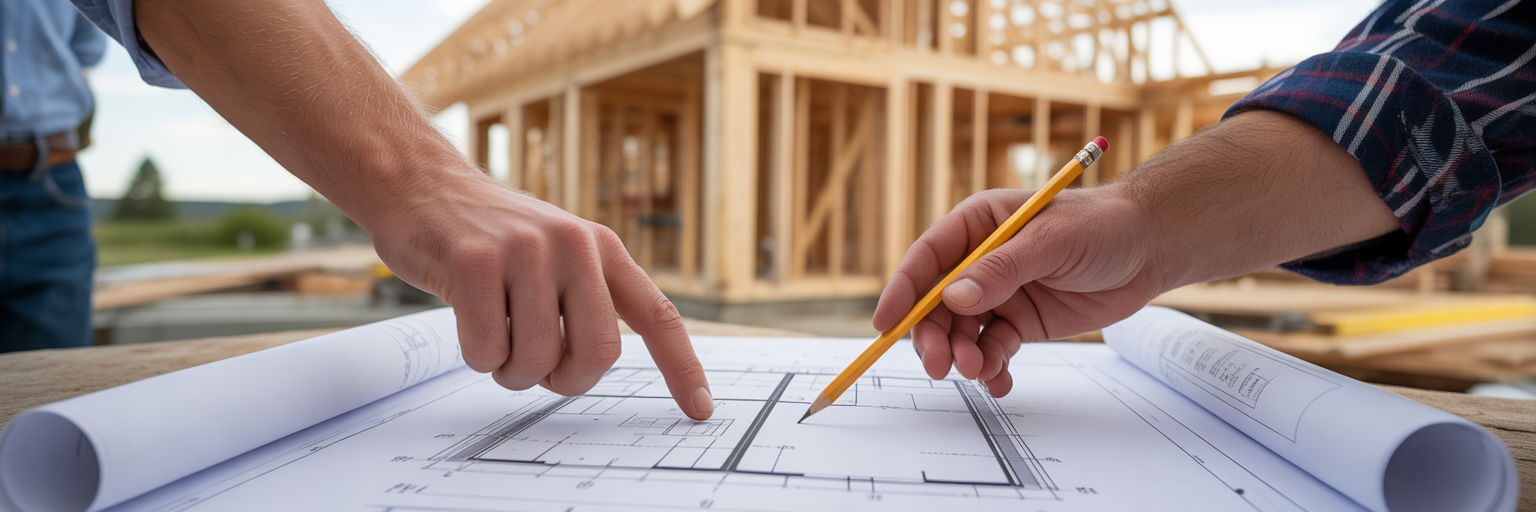Designer and builder hands over blueprints.
