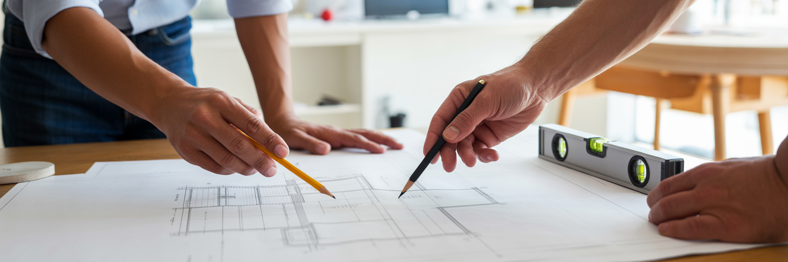 Designer and builder collaborating on building plans.